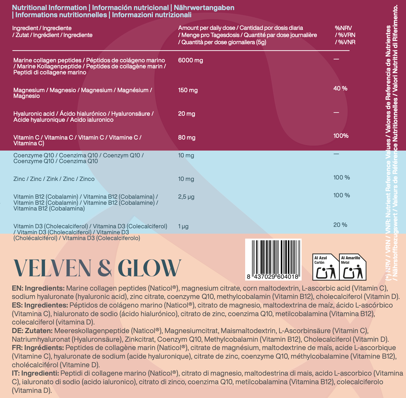 Colágeno Marino Hidrolizado con Magnesio, Ácido Hialurónico, Vitamina C, Coenzima Q10, Vitaminas D3 y B12