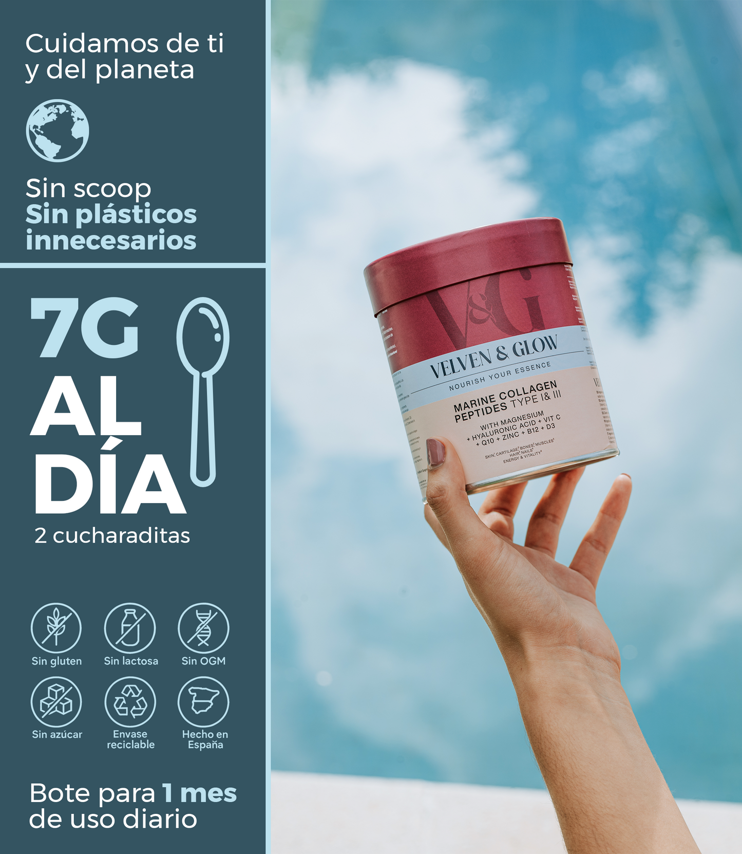 Colágeno Marino Hidrolizado con Magnesio, Ácido Hialurónico, Vitamina C, Coenzima Q10, Vitaminas D3 y B12